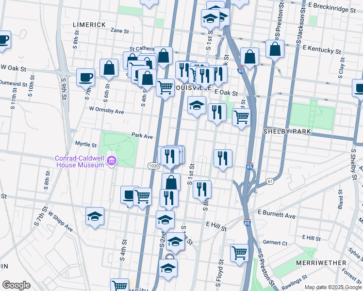 map of restaurants, bars, coffee shops, grocery stores, and more near 1348 South 1st Street in Louisville
