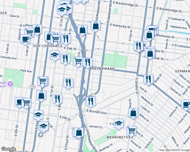 map of restaurants, bars, coffee shops, grocery stores, and more near 418 East Ormsby Avenue in Louisville