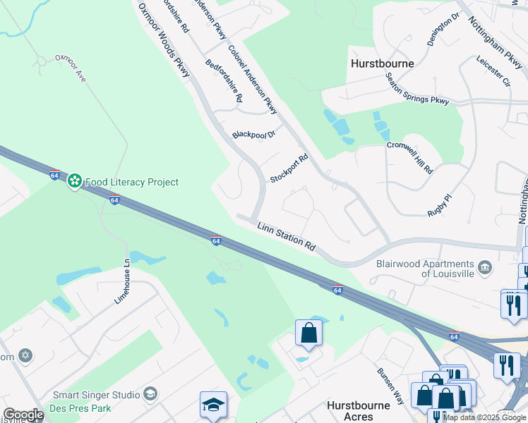 map of restaurants, bars, coffee shops, grocery stores, and more near 8803 Linn Station Road in Louisville
