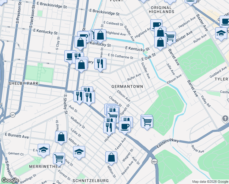 map of restaurants, bars, coffee shops, grocery stores, and more near 965 Charles Street in Louisville