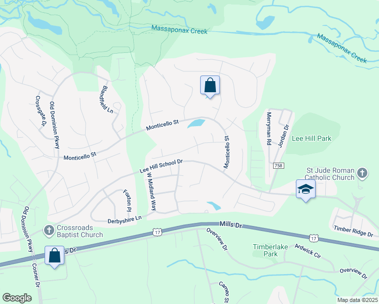 map of restaurants, bars, coffee shops, grocery stores, and more near 4104 Mossy Bank Ln in Fredericksburg