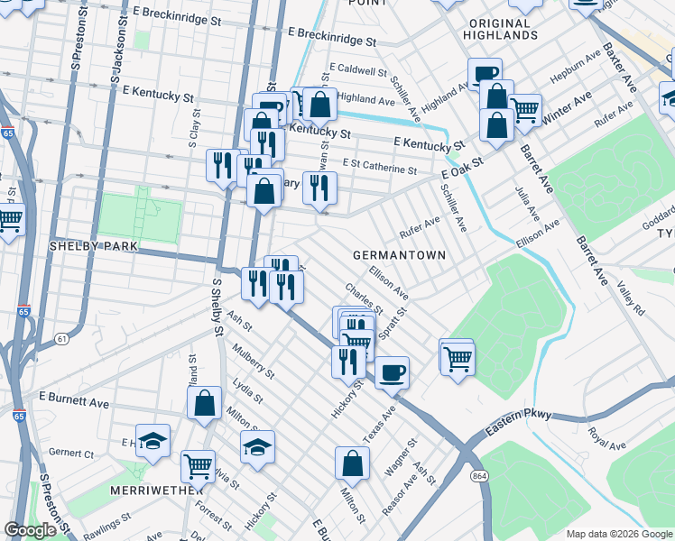 map of restaurants, bars, coffee shops, grocery stores, and more near 938 Charles Street in Louisville