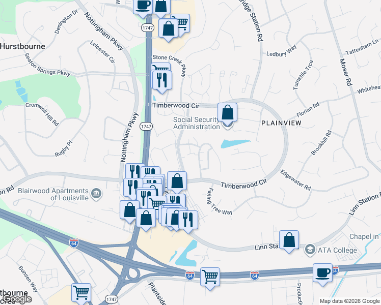 map of restaurants, bars, coffee shops, grocery stores, and more near 953 Whetstone Way in Louisville