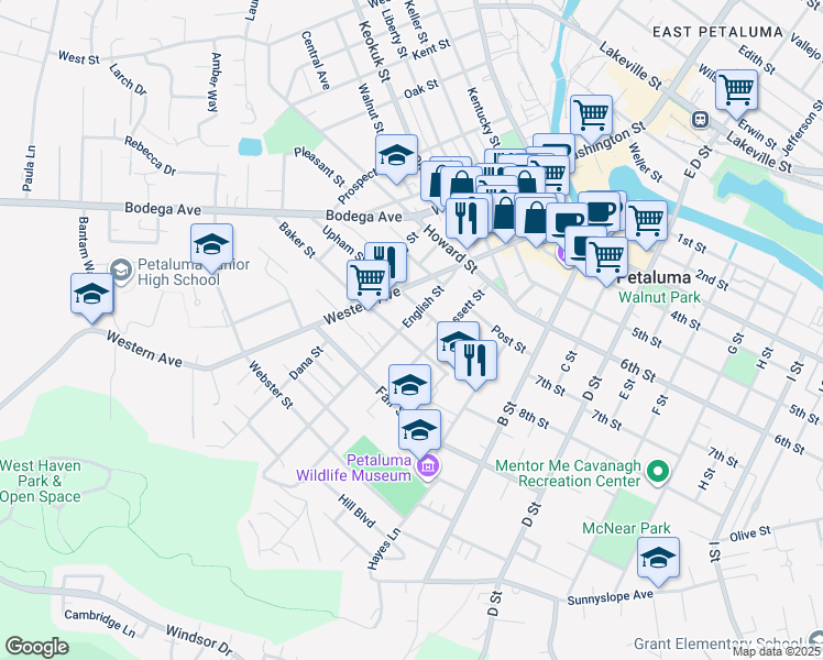 map of restaurants, bars, coffee shops, grocery stores, and more near 328 Baker Street in Petaluma