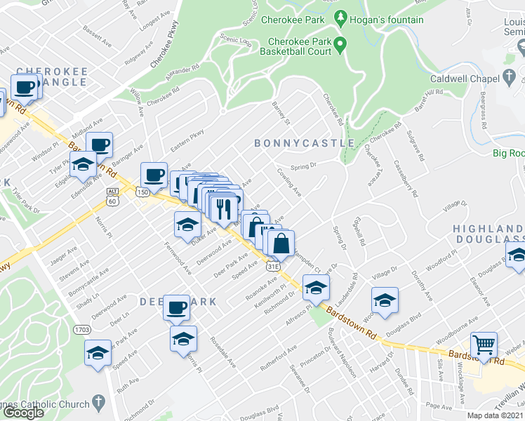 map of restaurants, bars, coffee shops, grocery stores, and more near 1714 Chichester Avenue in Louisville