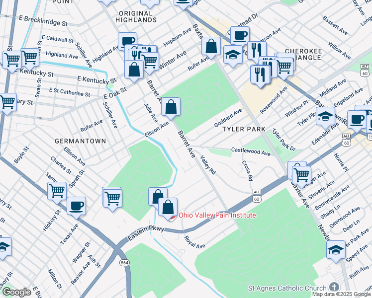 map of restaurants, bars, coffee shops, grocery stores, and more near 112 Valley Road in Louisville