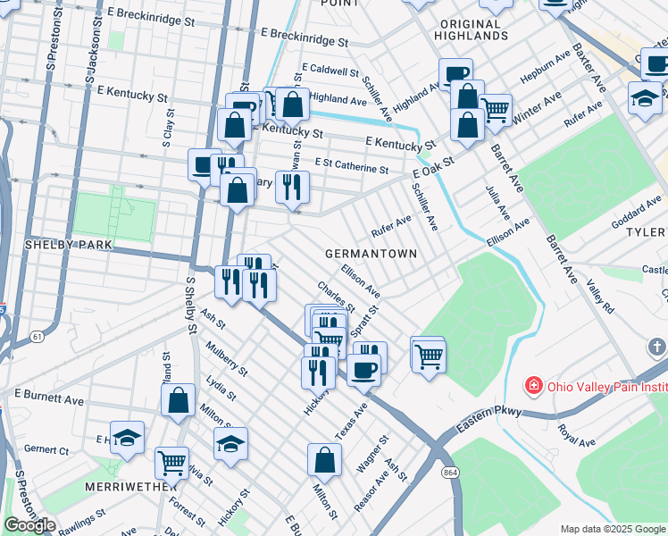map of restaurants, bars, coffee shops, grocery stores, and more near 965 Charles Street in Louisville