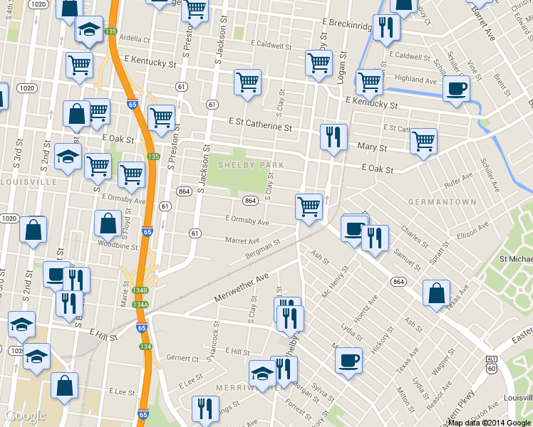 map of restaurants, bars, coffee shops, grocery stores, and more near 633 East Ormsby Avenue in Louisville