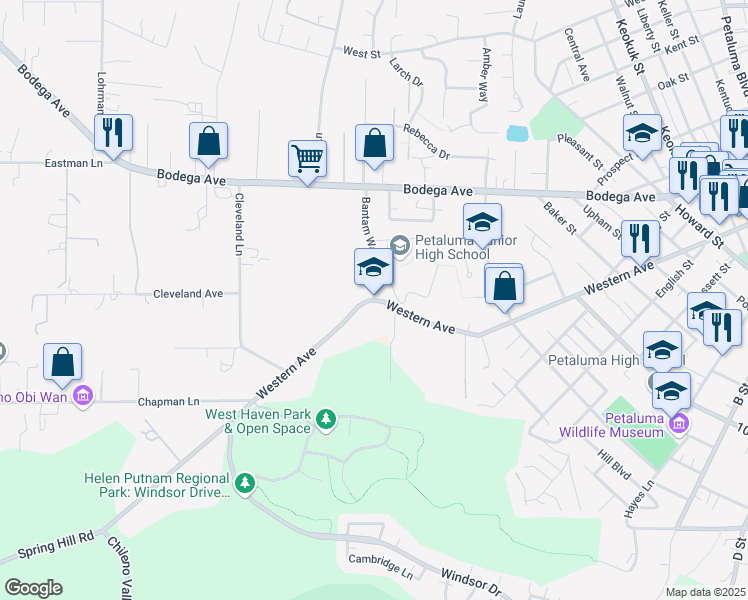map of restaurants, bars, coffee shops, grocery stores, and more near 700 Bantam Way in Petaluma