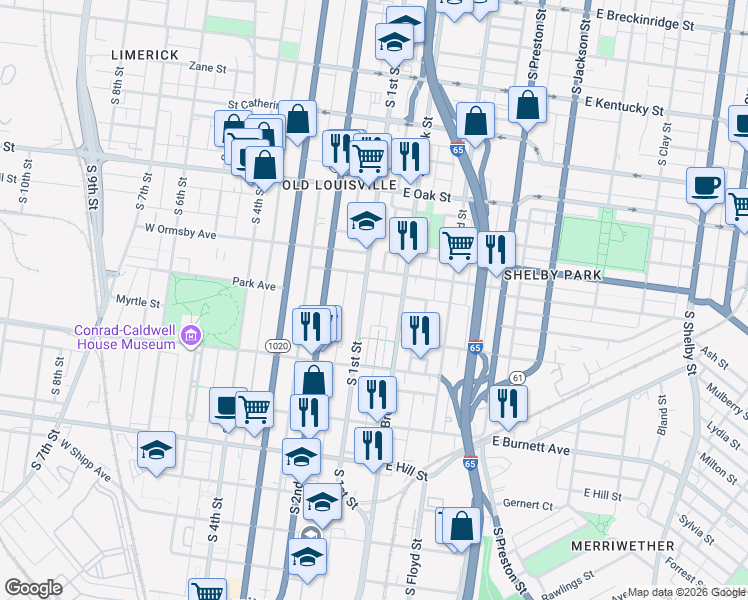 map of restaurants, bars, coffee shops, grocery stores, and more near 1328 South Brook Street in Louisville