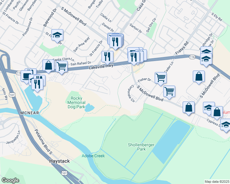 map of restaurants, bars, coffee shops, grocery stores, and more near 1445 Technology Lane in Petaluma