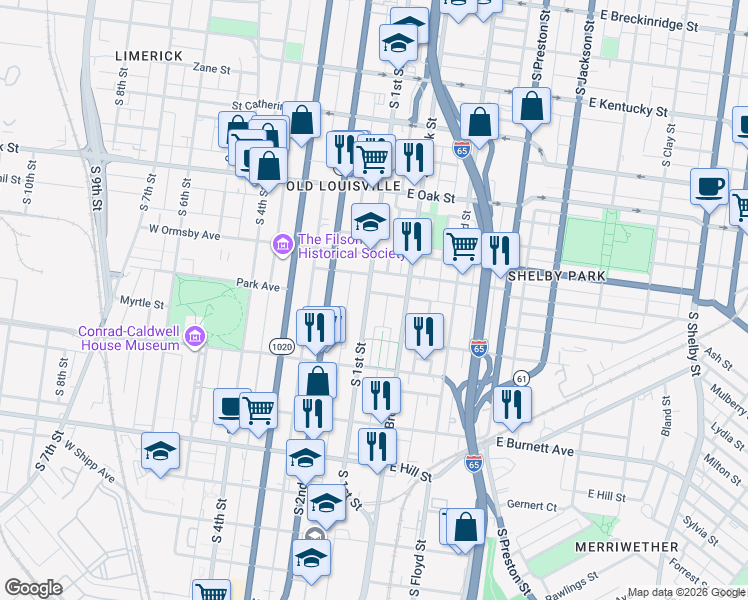 map of restaurants, bars, coffee shops, grocery stores, and more near 1321 South 1st Street in Louisville