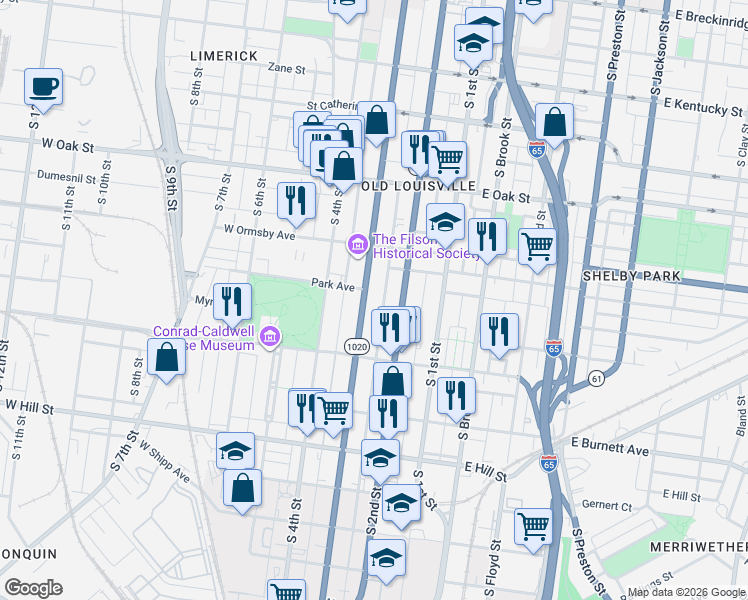 map of restaurants, bars, coffee shops, grocery stores, and more near 1341 South 3rd Street in Louisville
