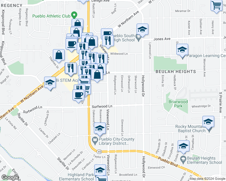 map of restaurants, bars, coffee shops, grocery stores, and more near 2023 Ridgewood Lane in Pueblo