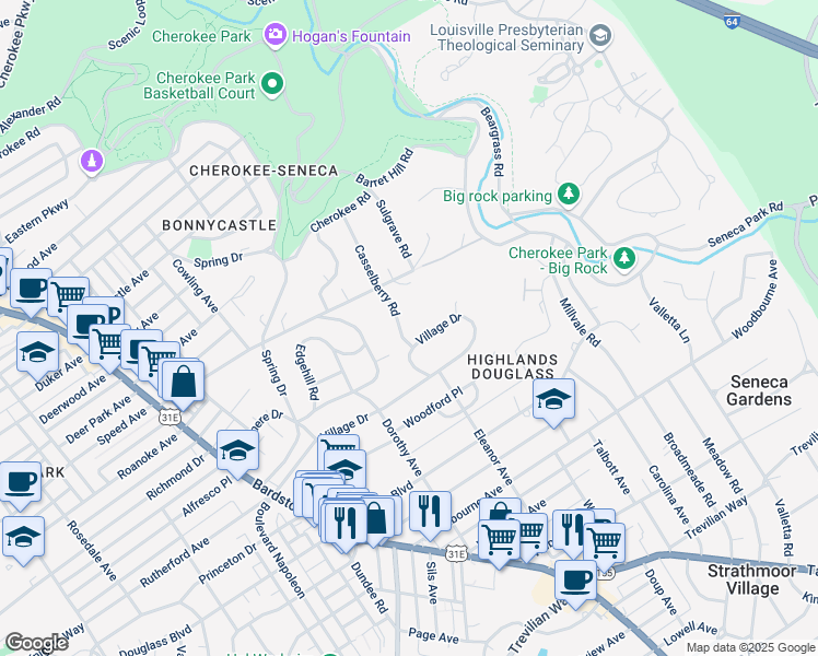map of restaurants, bars, coffee shops, grocery stores, and more near 2335 Village Drive in Louisville