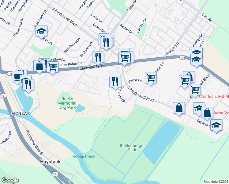 map of restaurants, bars, coffee shops, grocery stores, and more near 1650 Corporate Circle in Petaluma
