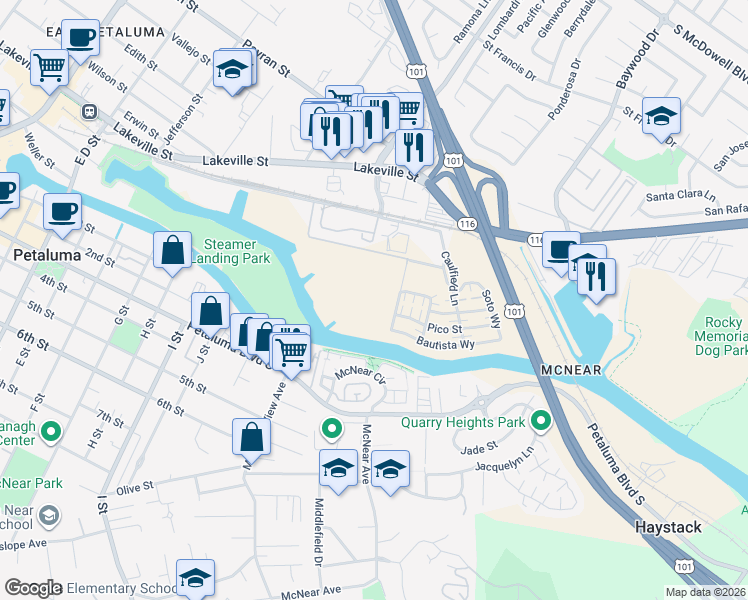 map of restaurants, bars, coffee shops, grocery stores, and more near 1703 Pico Street in Petaluma