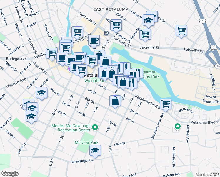 map of restaurants, bars, coffee shops, grocery stores, and more near 420 4th Street in Petaluma