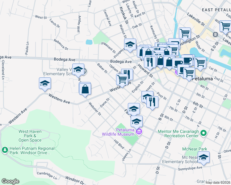map of restaurants, bars, coffee shops, grocery stores, and more near 428 Fair Street in Petaluma