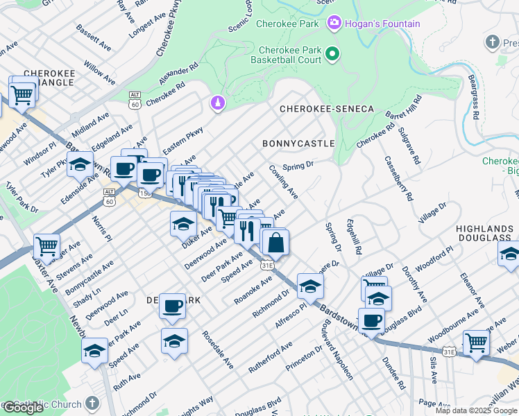 map of restaurants, bars, coffee shops, grocery stores, and more near 1714 Chichester Avenue in Louisville