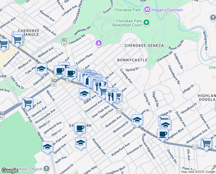 map of restaurants, bars, coffee shops, grocery stores, and more near 2021 Murray Avenue in Louisville