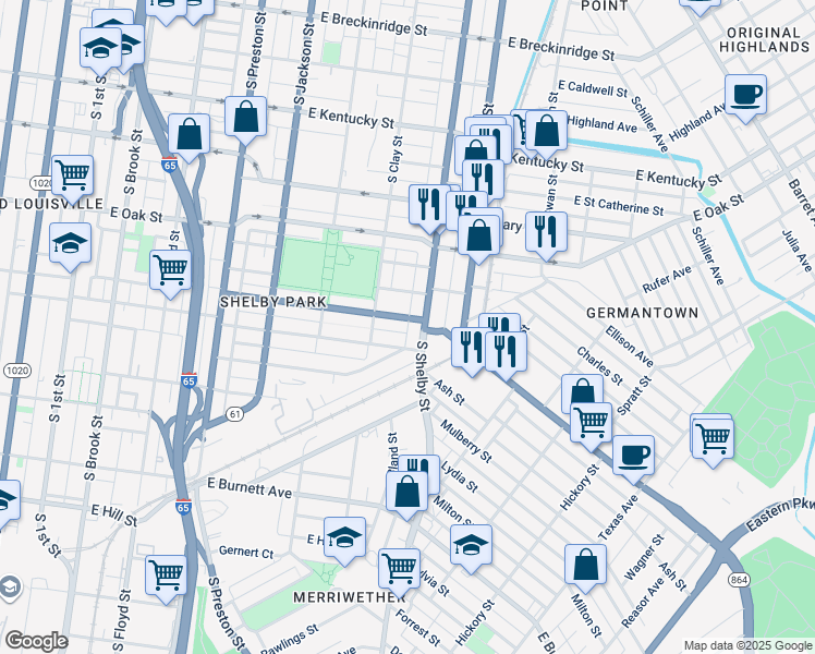map of restaurants, bars, coffee shops, grocery stores, and more near 721 East Ormsby Avenue in Louisville