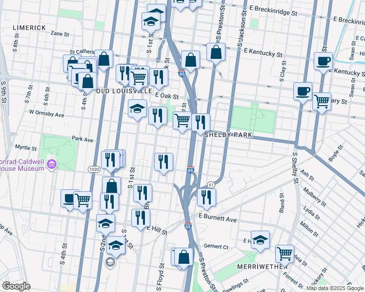 map of restaurants, bars, coffee shops, grocery stores, and more near 1321 South Floyd Street in Louisville