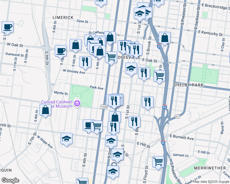 map of restaurants, bars, coffee shops, grocery stores, and more near 1354 South 2nd Street in Louisville