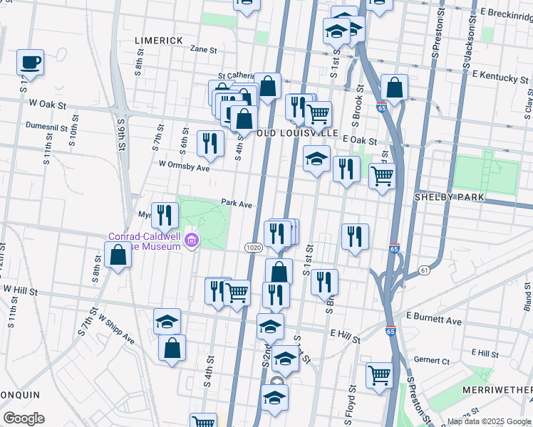 map of restaurants, bars, coffee shops, grocery stores, and more near 1358 Kentucky 1020 in Louisville