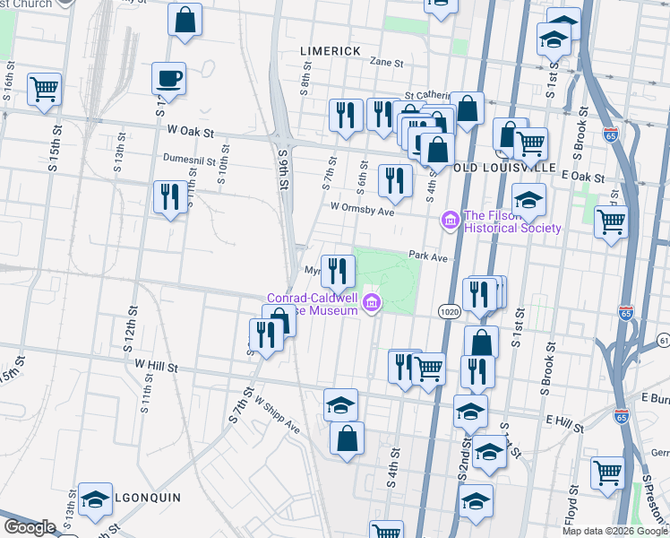 map of restaurants, bars, coffee shops, grocery stores, and more near 616 Myrtle Street in Louisville