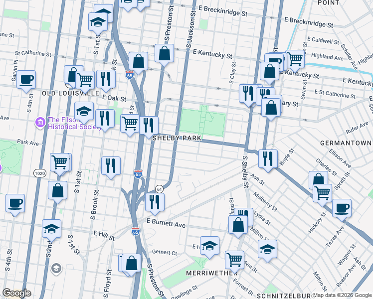 map of restaurants, bars, coffee shops, grocery stores, and more near 510 East Ormsby Avenue in Louisville