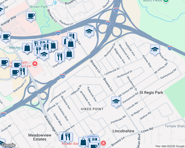 map of restaurants, bars, coffee shops, grocery stores, and more near 4233 Lynnbrook Drive in Louisville