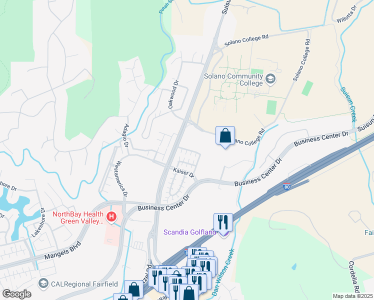 map of restaurants, bars, coffee shops, grocery stores, and more near Campus Ln & Grambling Ct in Fairfield