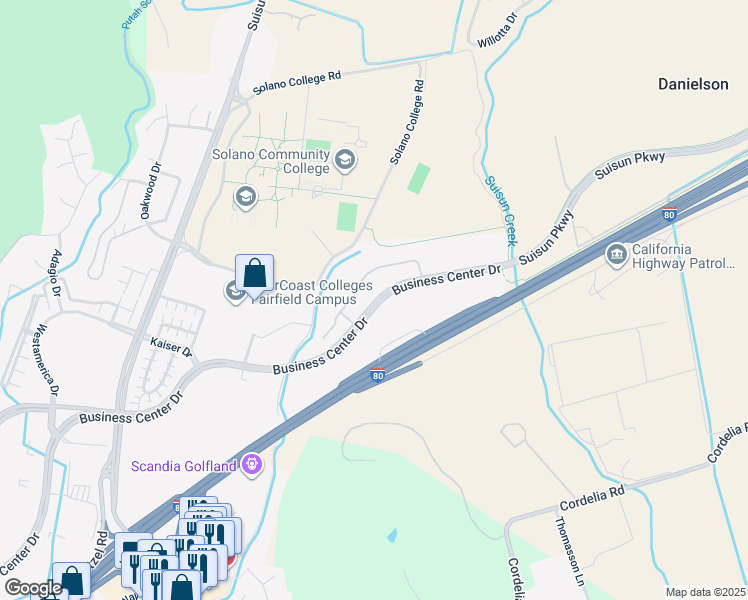 map of restaurants, bars, coffee shops, grocery stores, and more near 3900 Business Center Drive in Fairfield
