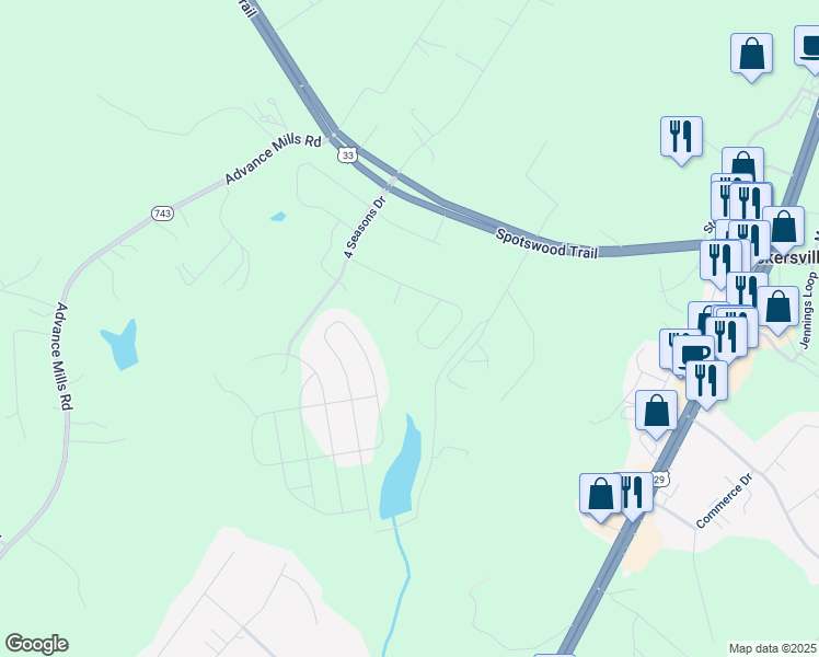 map of restaurants, bars, coffee shops, grocery stores, and more near 425 Larchmont Circle in Ruckersville