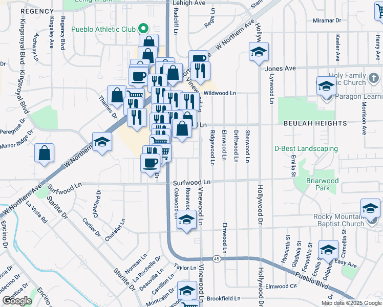 map of restaurants, bars, coffee shops, grocery stores, and more near 3944 Redwood Ln in Pueblo