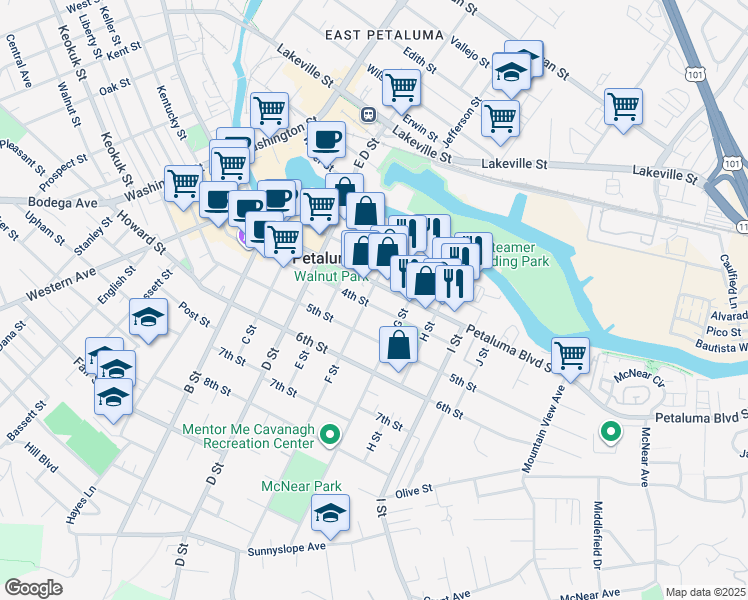 map of restaurants, bars, coffee shops, grocery stores, and more near 420 4th Street in Petaluma