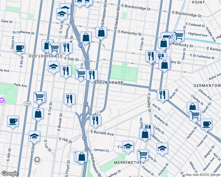 map of restaurants, bars, coffee shops, grocery stores, and more near 510 East Ormsby Avenue in Louisville