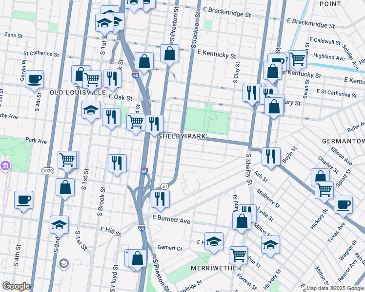 map of restaurants, bars, coffee shops, grocery stores, and more near 510 East Ormsby Avenue in Louisville