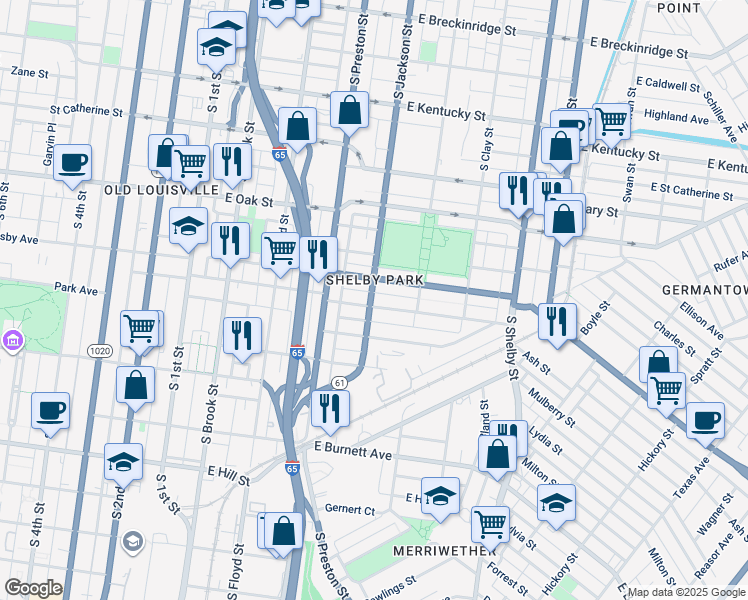 map of restaurants, bars, coffee shops, grocery stores, and more near 510 East Ormsby Avenue in Louisville