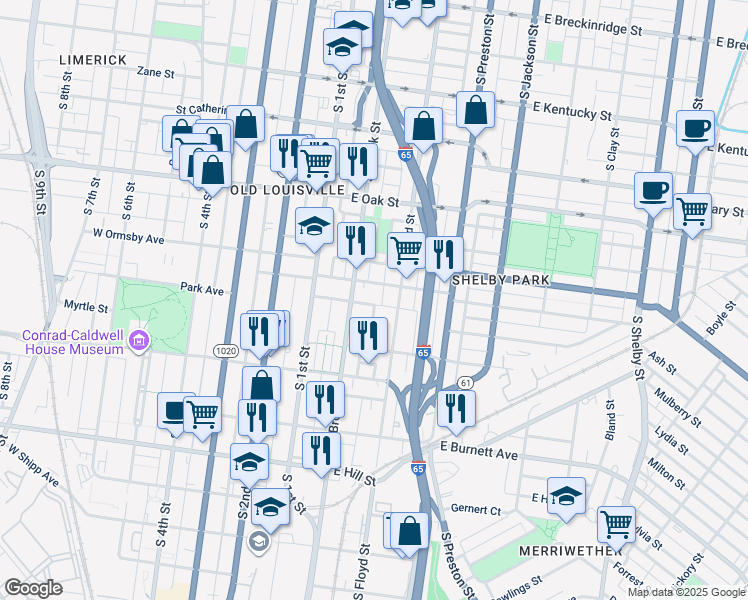map of restaurants, bars, coffee shops, grocery stores, and more near 1329 South Brook Street in Louisville