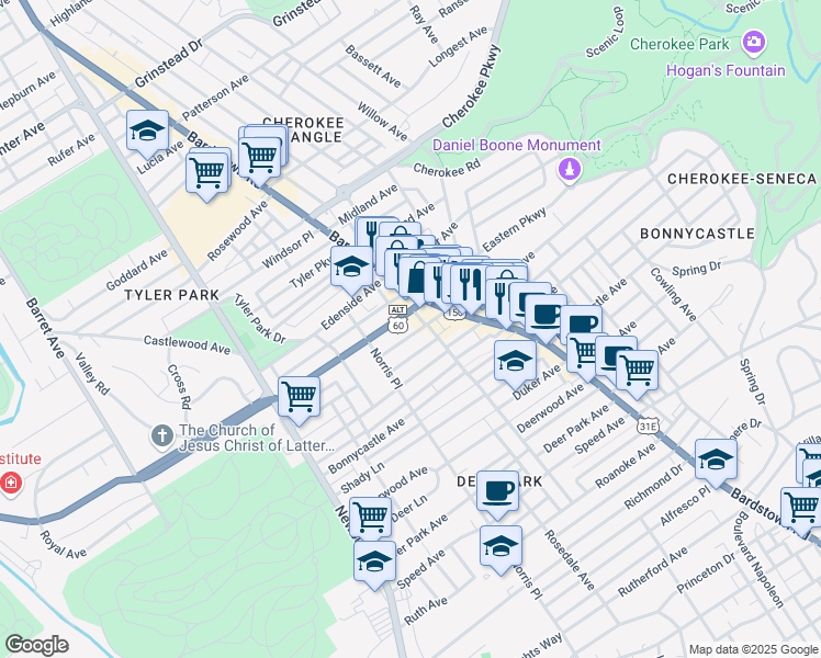 map of restaurants, bars, coffee shops, grocery stores, and more near 1820 Sherwood Avenue in Louisville