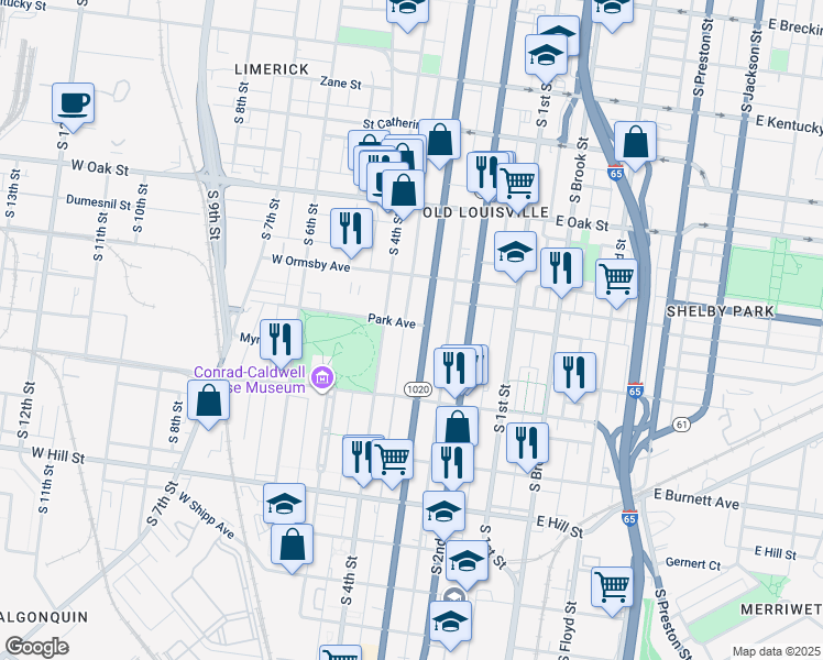 map of restaurants, bars, coffee shops, grocery stores, and more near 1358 Kentucky 1020 in Louisville
