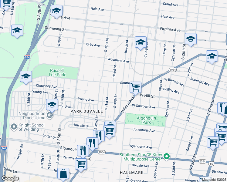 map of restaurants, bars, coffee shops, grocery stores, and more near 1533 South 30th Street in Louisville