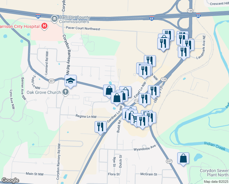 map of restaurants, bars, coffee shops, grocery stores, and more near 1999 Allison Lane Northwest in Corydon