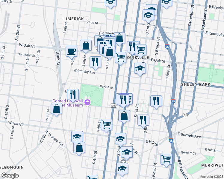 map of restaurants, bars, coffee shops, grocery stores, and more near 1340 South 3rd Street in Louisville