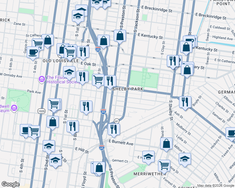 map of restaurants, bars, coffee shops, grocery stores, and more near 418 East Ormsby Avenue in Louisville