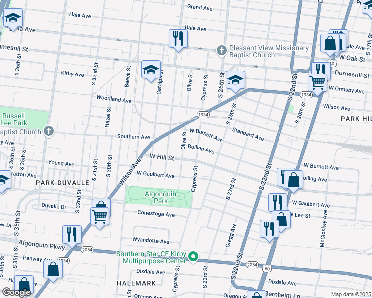 map of restaurants, bars, coffee shops, grocery stores, and more near 1486 Olive Street in Louisville
