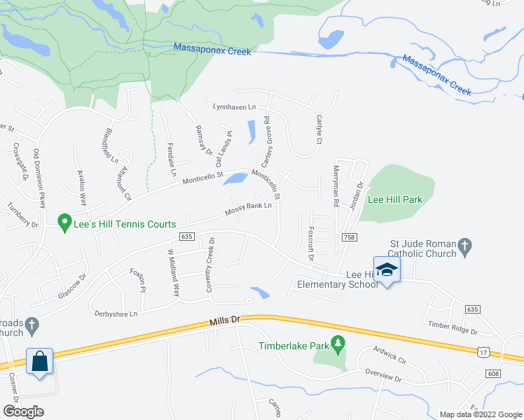 map of restaurants, bars, coffee shops, grocery stores, and more near 4004 Mossy Bank Lane in Fredericksburg