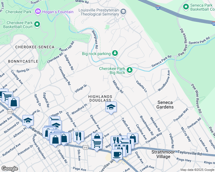 map of restaurants, bars, coffee shops, grocery stores, and more near 2100 Millvale Road in Louisville